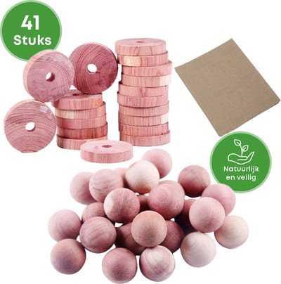 YUGN Cederhout Mottenballen en Ringen 41-delig - 100% Gifvrij - Natuurlijk Tegen Motten voor Kledingkast - Inclusief Schuurpapier