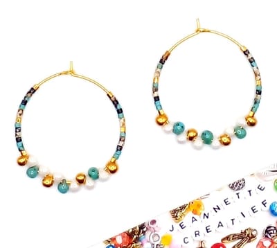 Jeannette-Creatief® - Beach - Goud/Turquoise - Oorringen - Oorhangers - Oorbellen - Goud - Miyuki - Turquoise - Wit - Parel