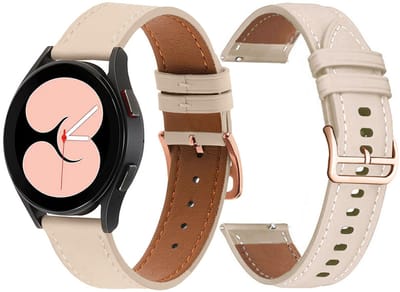 Stravo Premium Slank Leren Bandje 20mm - Geschikt voor Samsung Galaxy Watch 7 6 5 4 - Classic - Dun Leather Horlogebandje van Echt Leer met Roségouden Gesp voor Garmin Vivoactive 5 3 - Forerunner 245 - Venu SQ 2 - Vivomove - Huawei - Beige