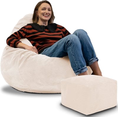 DreamRoots Zitzak voor Volwassenen of Kinderen – Corduroy Beanbag met Voetsteun en Afneembare Hoes – Inclusief Vulling – 90x90x100 cm – Vanilla Ice