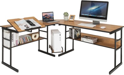 COSTWAY L-shaped desk, wooden corner desk with tilting table top, 2 shelves & CPU stand, computer desk for home & office, 170 x 150 x 75 cm