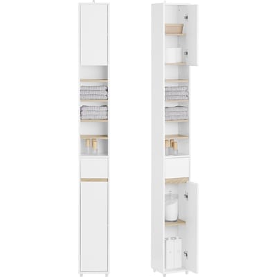 SoBuy Hoge Badkamerkast met Lade en Verstelbare Planken – Smalle Opbergkast – 20x20x180 cm, Wit en Houtkleur, BZR34-WN – voor Badkamer, Woonkamer, Slaapkamer – Vrijstaand Slank Badkamermeubel