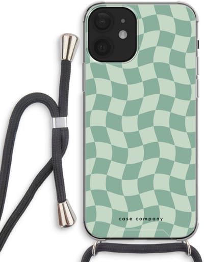 Case Company® - Hoesje met koord geschikt voor iPhone 12 hoesje met Koord - Grid Groen - Telefoonhoesje met Zwart Koord - Bescherming aan alle Kanten en Over de Schermrand