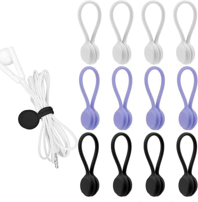 Set van 12 magnetische clips - herbruikbare siliconen organizers voor sleutelhanger, hoofdtelefoonlijn, USB-oplaadkabel en pennen - zwart, wit, grijs.