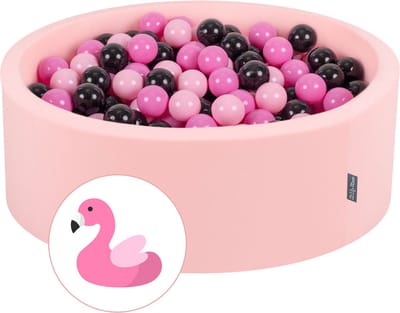 KiddyMoon Ballenbad voor kinderen met 200 kleurrijke ballen ∅7cm 90x30cm - Ballenbak voor Baby's rond - Ballenbak ballen - Met schuimvulling - Ballenbad foam -Voor sensorische - Flamingo: Roze Poederroze Zwart