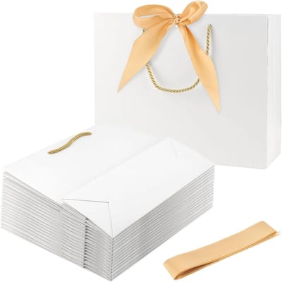 30 Stuks Witte Papieren Geschenkzakjes 32 × 25 × 11 cm met Gouden Strik en Handgrepen voor Bruiloften en Verjaardagen