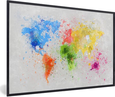 Poster in lijst - Fotolijst 120x80 cm - Posters - Wereldkaart - Abstract - Verf - Kinderen - Jongens - Meisjes - Posterlijst zwart - Decoratie - Wanddecoratie woonkamer - Muurdecoratie slaapkamer