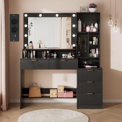 Grote Kaptafel met LED Verlichting, Spiegel en Opbergruimte Zwart voor Slaapkamer
