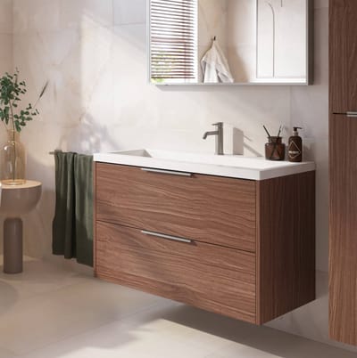 Saqu Lima ondiep badmeubel incl. glans witte wastafel 80x40x64cm noten urban – rvs greep