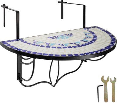 tectake® Mozaïek Balkonhangtafel - Halfrond Design - Opklapbare Balkontafel met Massief Stenen Mozaïk Tafelblad - Balkontafel met Metalen Haken - Hangtafel voor Terras en Balkon - Blauw/Wit