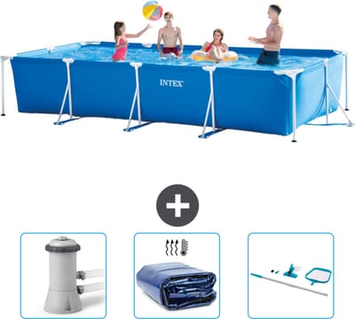 Intex Rechthoekig Frame Zwembad - 450 x 220 x 84 cm - Blauw - Inclusief Zwembadfilterpomp - Solarzeil - Schoonmaakset