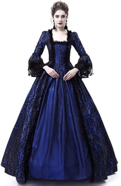 Allecto Plus - Renaissance Middeleeuws Kostuum met Kant voor Halloweenfeest - Blauw - Maat L - Lang Baljurk Outfit met Veterdetail