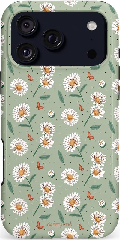 Casetastic hoesje geschikt voor Apple iPhone 17 Pro Max - MagSafe - Dubbellaagse bescherming - Vleugels en madeliefjes - Fashion Case - Saliegroen Lichtgrijs Wit