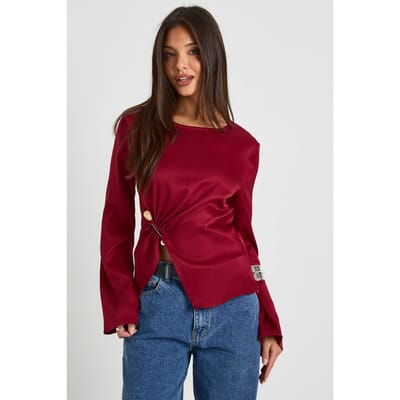 boohoo Dames Blouse met uitlopende mouwen en gouden afwerkingsdetail | Wine | Maat: 6