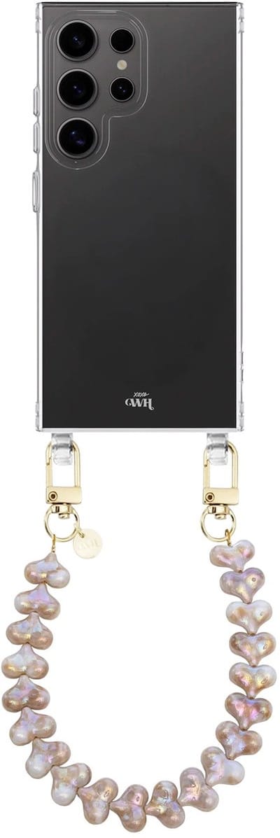 xoxo Wildhearts siliconen hoesje geschikt voor Samsung Galaxy S26 Ultra hoesje - Funky Hearts (Champagne Pearl) - Telefoonhoesje - Hoesje met koord - Champagne / Beige koord - kort telefoonkoord - Hartjes ketting - Transparant hoesje