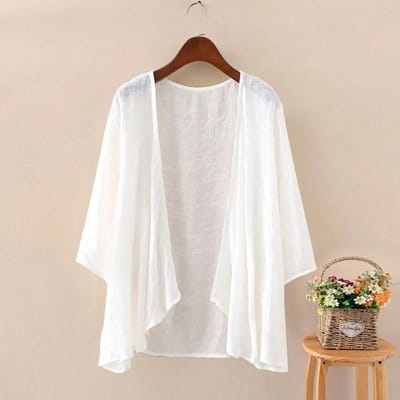 Cardigans en coton et chanvre pour femmes, chemisiers décontractés à manches longues, tunique fine, Cape Kimono, été One Size blanc