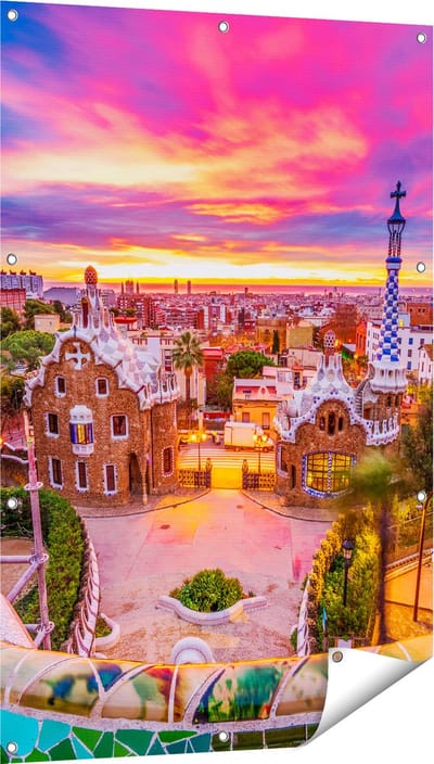 Gards Tuinposter Park G�ell Uitzicht op Barcelona - 80x120 cm - Tuindoek - Tuindecoratie - Wanddecoratie buiten - Tuinschilderij
