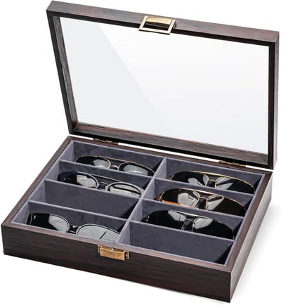 Houten Zonnebril Opbergkoffer met 8 Vakken - Brillen Display Kist voor Heren en Dames