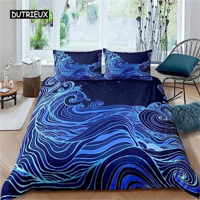Dekbedovertrek Japanse Stijl Zee Oceaan Golven Nautisch Handgetekend Japanse Stijl Overtrek Illustratie Ukiyoe Thema Decor Blauw Crème AU Double(180x210cm)