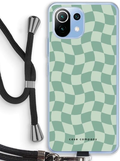 Case Company® - Hoesje met koord geschikt voor Xiaomi Mi 11 Lite hoesje met Koord - Grid Groen - Telefoonhoesje met Zwart Koord - Bescherming aan alle Kanten en Over de Schermrand