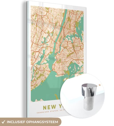 MuchoWow® Glasschilderij 120x180 cm - Schilderij acrylglas - New York - Stadskaart - Vintage - Plattegrond - Kaart - Foto op glas - Schilderijen