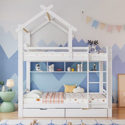 Huisvormig Stapelbed Met Laden En Planken - 90x200 Cm - Wit - Driedelige Rechte Ladder En Valbeveiliging