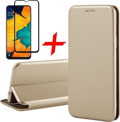 Hoesje geschikt voor Samsung Galaxy A30 - Screen Protector FullGuard - Book Case Kunstleer ThinShield Goud & Screenprotector