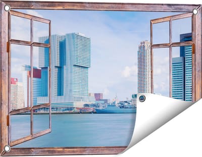 Gards Tuinposter Doorkijk Rotterdamse Skyline aan het Water - 60x40 cm - Tuindoek - Tuindecoratie - Wanddecoratie buiten - Tuinschilderij