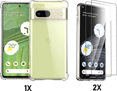 Casemania Hoesje Geschikt voor Google Pixel 7 - Transparant + 2X Glazen Screenprotector - Anti Shock Hybrid Back Cover