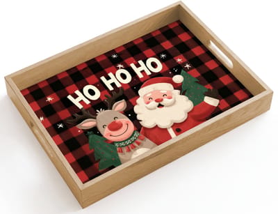 Dienblad hout 40x30 cm - Schootdienblad - Kerstman - Rendier - Tekst - Rood - Zwart - Borrelplank rechthoek - Plateau dienbladen