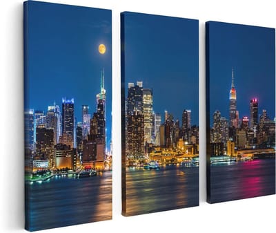 Artaza Canvas Schilderij Drieluik Verlichte Skyline Van New York Met Volle Maan - 120x80 - Foto Op Canvas - Canvas Print