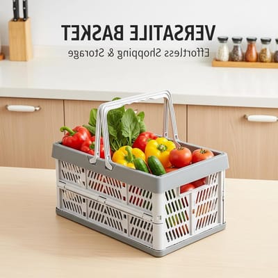 Opvouwbare mand met handvat, grote klapbox voor boodschappen, fruit en bagage-organizer (grijs)