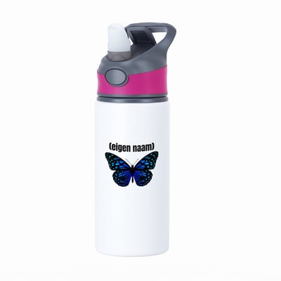 Hacebo® - blauwe vlinder met eigen naam waterfles met rietje roze - Vlinder - dieren liefhebber - iemand die houdt van vlinders - verjaardag - cadeau - kado - geschenk - water fles - 650ML