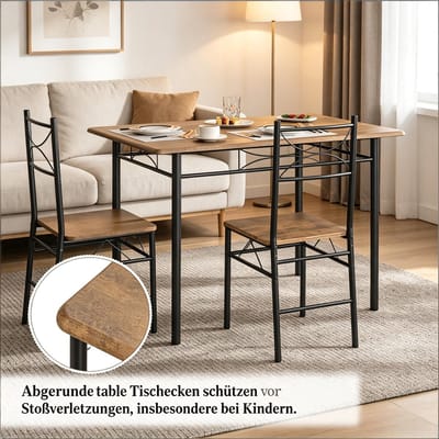 MODENUIT Eettafelset 110 x 76 x 70 cm - Tafel met 4 Stoelen - Voor Eetkamer en Balkon - MDF en IJzer - Rustiek Bruin