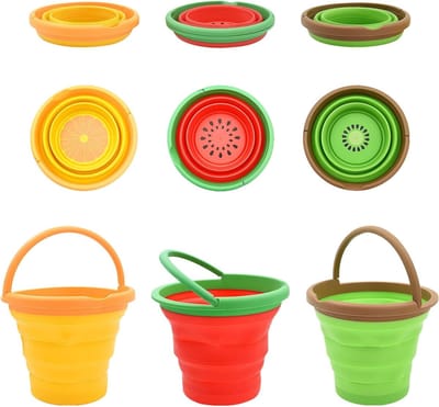 Vouwbare Strandemmer van Silicoon met Handvat, Ideaal voor Zandbak, Kamperen en Buitenactiviteiten, Geschikt voor Fruit en Tuinieren, Oranje+Rood+Groen