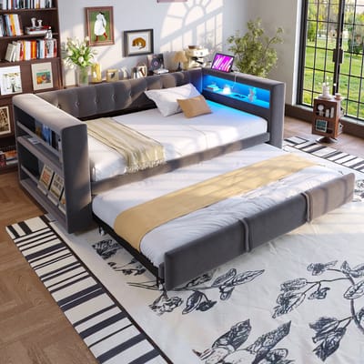 MODFU Ledikant 90/180x190 cm – Donkergrijs gestoffeerd – Sofa met opbergruimte, LED & stopcontact – Flanel