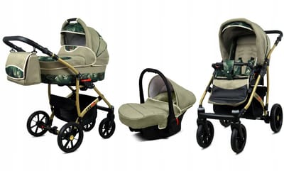 BabyLux® Kinderwagen 3in1 – LARGO - FERN LEAF GOLD FRAME - Opklapbare Wandelwagen incl. Reiswieg, Multifunctionele Buggy Sportstoel, Autostoel - Combi-kinderwagen met Luiertas, Regenhoes, Klamboe, Bekerhouder, etc.