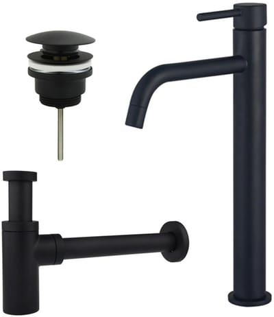 FugaFlow Eccelente Sobrado Badkamer Slim Wastafelkraanset - verhoogde wastafelkraan - klikwaste plug - design sifon - Mat zwart