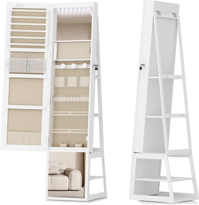 Draaibare Sieradenkast met Spiegel – 360° Roterende Staande Spiegel met Slot, Grote Opbergruimte, 4-in-1 Design, Wit