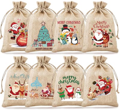 Dailygoods- Kerstzakjes herbruikbaar - 8 stuks - stoffen zakjes - geschenkzakjes voor snoep - trekkoord - 10 x 15 cm - Cadeauzakjes
