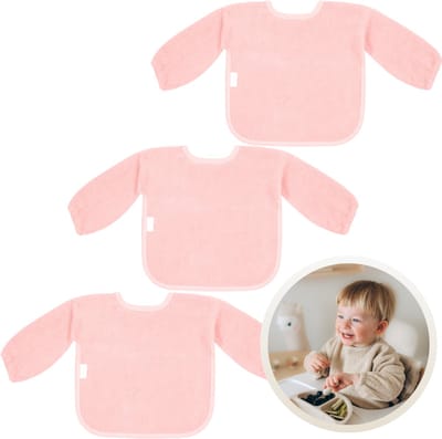Funnies Slab met Mouwen 3-Pack Blush - Set van 3 Zachte Slabbetjes voor Baby’s - 100% Katoenen Badstof - Makkelijk Wasbaar in de Wasmachine - Slabbetjes, Kwijlslab, Eet- en Speelslab - Ideaal voor Eten, Knutselen en Spelen