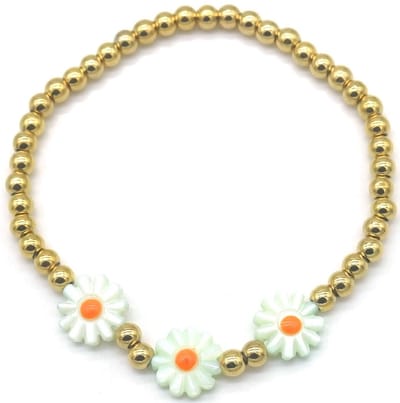 Armbandje - elastiek - bedel - bloemen - goudkleurig - oranje - wit - tijdloos - hip - chique - feest - outfit - unisex - dames - heren