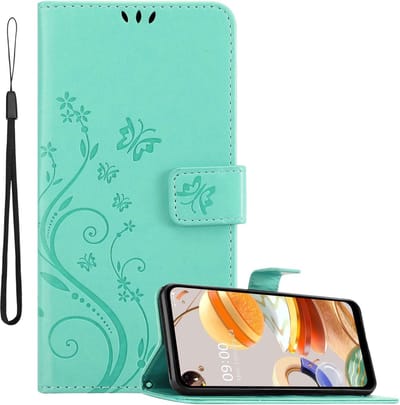 Cadorabo Hoesje geschikt voor LG K61 in Turkoois - Beschermhoes in bloemmotief met magnetische sluiting, standfunctie en kaartsleuven Book Case Cover Etui