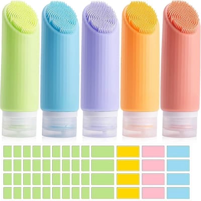 Famanu – Reisflessen van siliconen - reisflessen met massageborstel - containers voor vloeistoffen van siliconen met etiketten - navulbare reisflessen voor lotion - shampoo en balsem