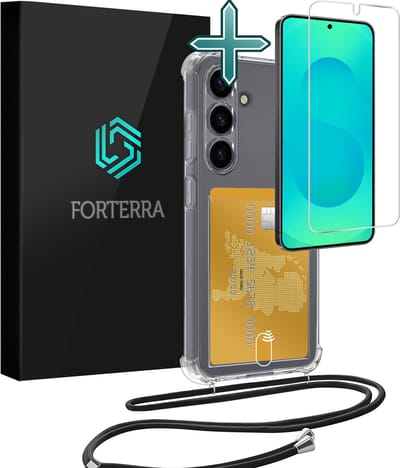Hoesje Geschikt voor Samsung S25 FE Pashouder Case Siliconen Hoes Met Koord Met Screenprotector - Hoes Geschikt voor Samsung Galaxy S25 FE Met Telefoonkoord Hoesje Back Cover Met Pasjeshouder - Transparant