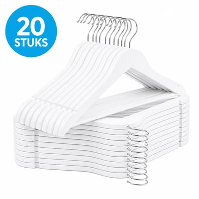 Kledinghangers Hout Wit – Set van 20 Witte Houten Kleerhangers – Anti-slip Broeklat & Inkepingen – 360° Draaibare Haak – 44,5 cm – Draagt 5 kg – FSC – Monza Home