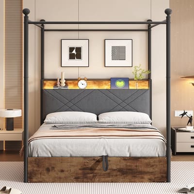 BLACKCOLORS - Multifunctioneel Tweepersoons Smeedijzeren Bed 140x190 - Met Hydraulische Opbergruimte - Smeedijzeren Baldakijn - Afneembare Staanders met LED en USB/Type-C - Tienerbed - Zwart