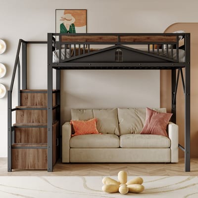 Sweiko Hoogslaper - 140 x 200 cm - Metalen reling - Met opbergkast - Zonder bank - Zwart + Bruin