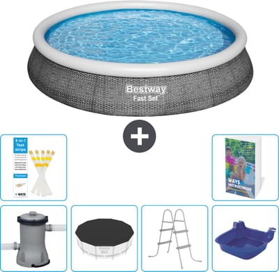Bestway Rond Opblaasbaar Fast Set Zwembad - Rotanprint - 396 x 84 cm - Inclusief Pomp Afdekzeil - Ladder - Voetenbad - 7-delig