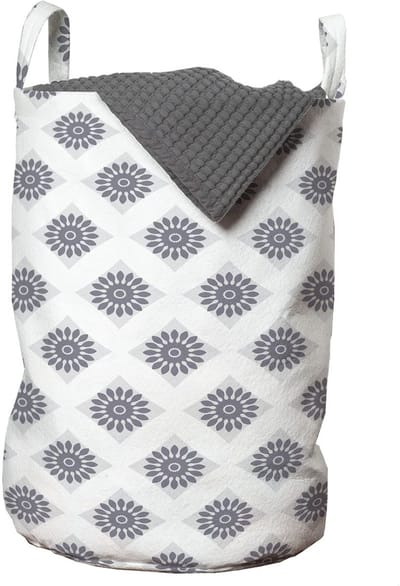 ABAKUHAUS Jaargang Waszak, Grijze Vierkantjes Met Bloemen, Wasmand met Handgrepen en Trekkoordsluiting voor wasserettes, 33 cm breed x 49 cm hoog, Grijs, Grijs, Wit